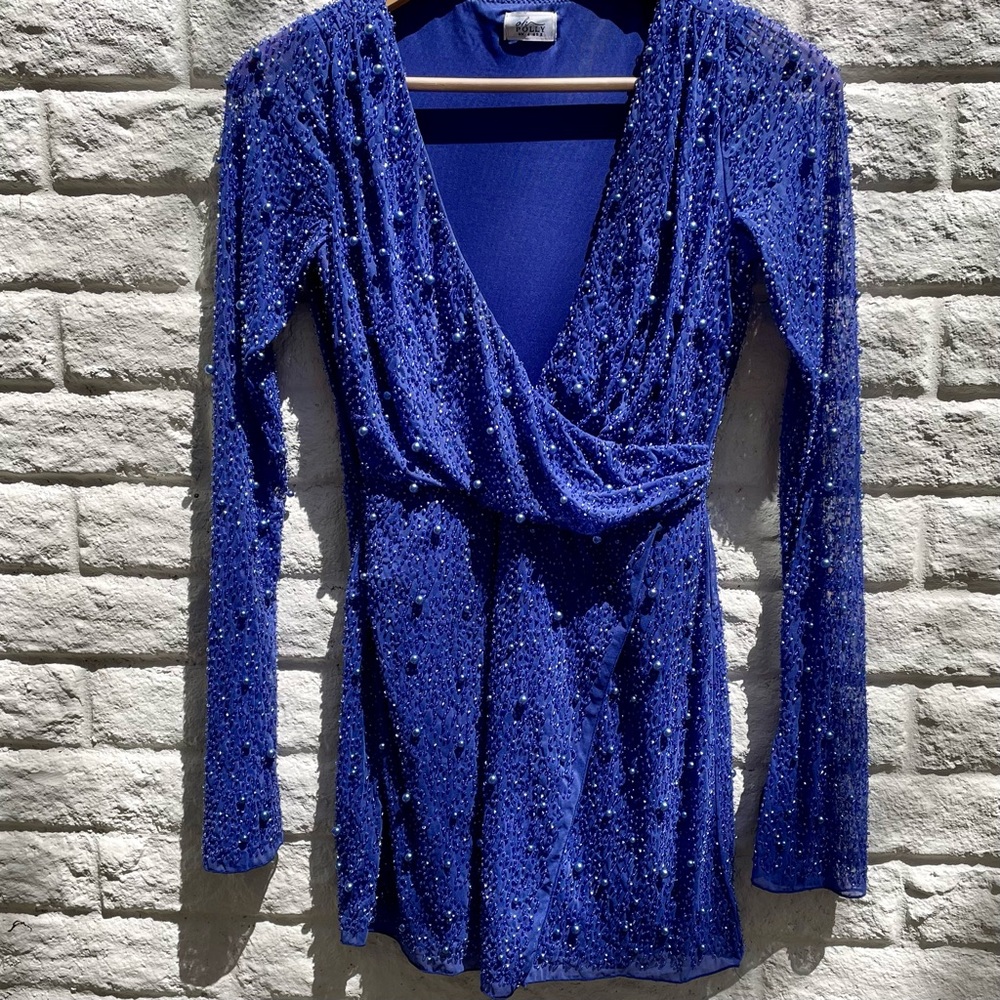 Oh Polly - Embellished Wrap Over A-Line Mini Dress in Dark Royal Blue US 2